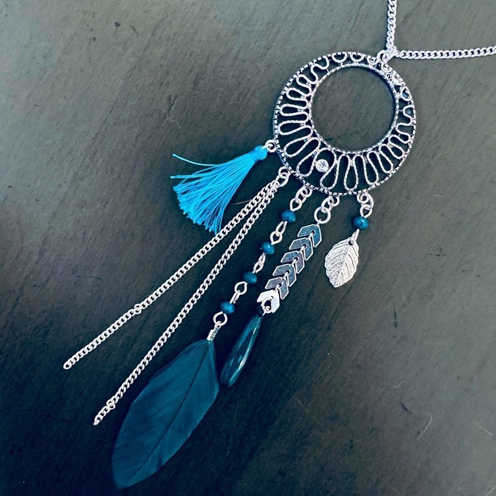 Silver Turquoise Blue Boho Feather Long Silver Necklace